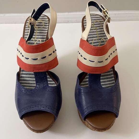 Y2K Jessica Simpson Leather Blue and Red Wedge Sandals Nautical Design Summer - Picture 3 of 14